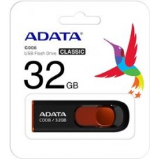 ADATA FLASH USB DRIVE 32GB AC008-32GB-RKD, USB2.0, RETRACTABLE, BLACK/RED, 5YW.